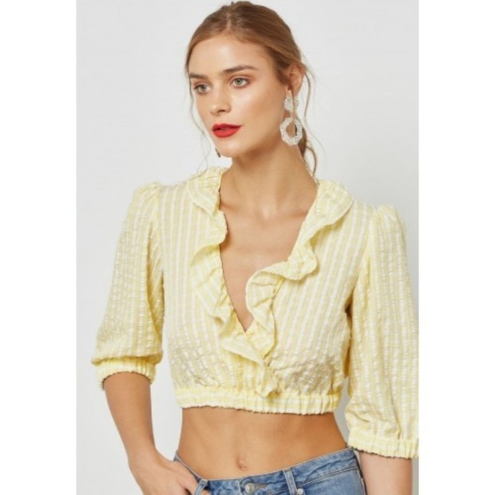 New TOPSHOP Women's Seersucker Crop Top Ruffle Trim V-Neck Yellow